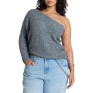 ELOQUII Women's Plus Size Fuzzy One Shoulder Sweater - 1 of 4