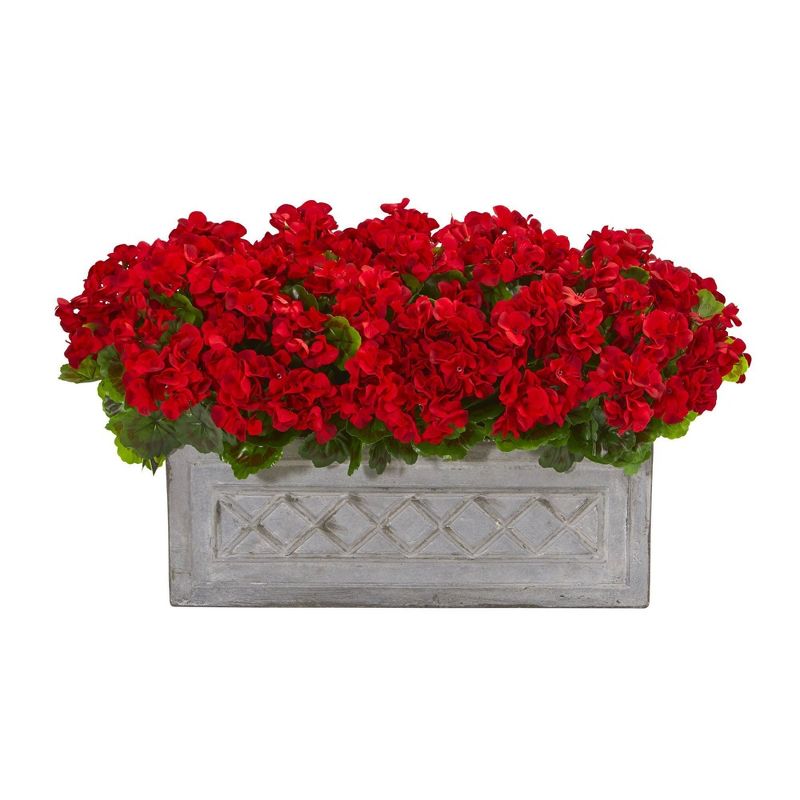 Nearly Natural 18-in Geranium Artificial Plant in Stone Planter UV Resistant (Indoor/Outdoor), 1 of 4