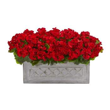 Nearly Natural 18-in Geranium Artificial Plant in Stone Planter UV Resistant (Indoor/Outdoor)