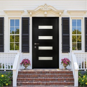 PexFix 36"x80" 4-Lite Exterior Frosted Glass Prehung Front Entry Door Primed Interior Fiberglass Entrance Door Black Right Hand Inswing w/ Vinyl Frame - 1 of 4