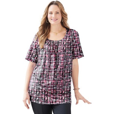 Catherines Women's Plus Size Jeweled Neck Pintuck Top