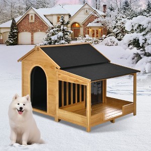 CAVINAS 60.2"Wooden Pet House with Insulated Liner,Pet Crates with Porch and Asphalt Roof and Elevated Floor,Dog Kennel for Outdoor,Natural - 1 of 4