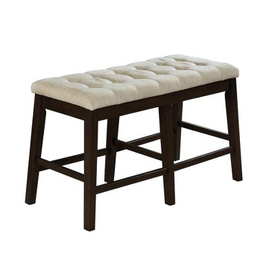 Beige Linen Tufted Counterheight Bench with Dark Wood Frame