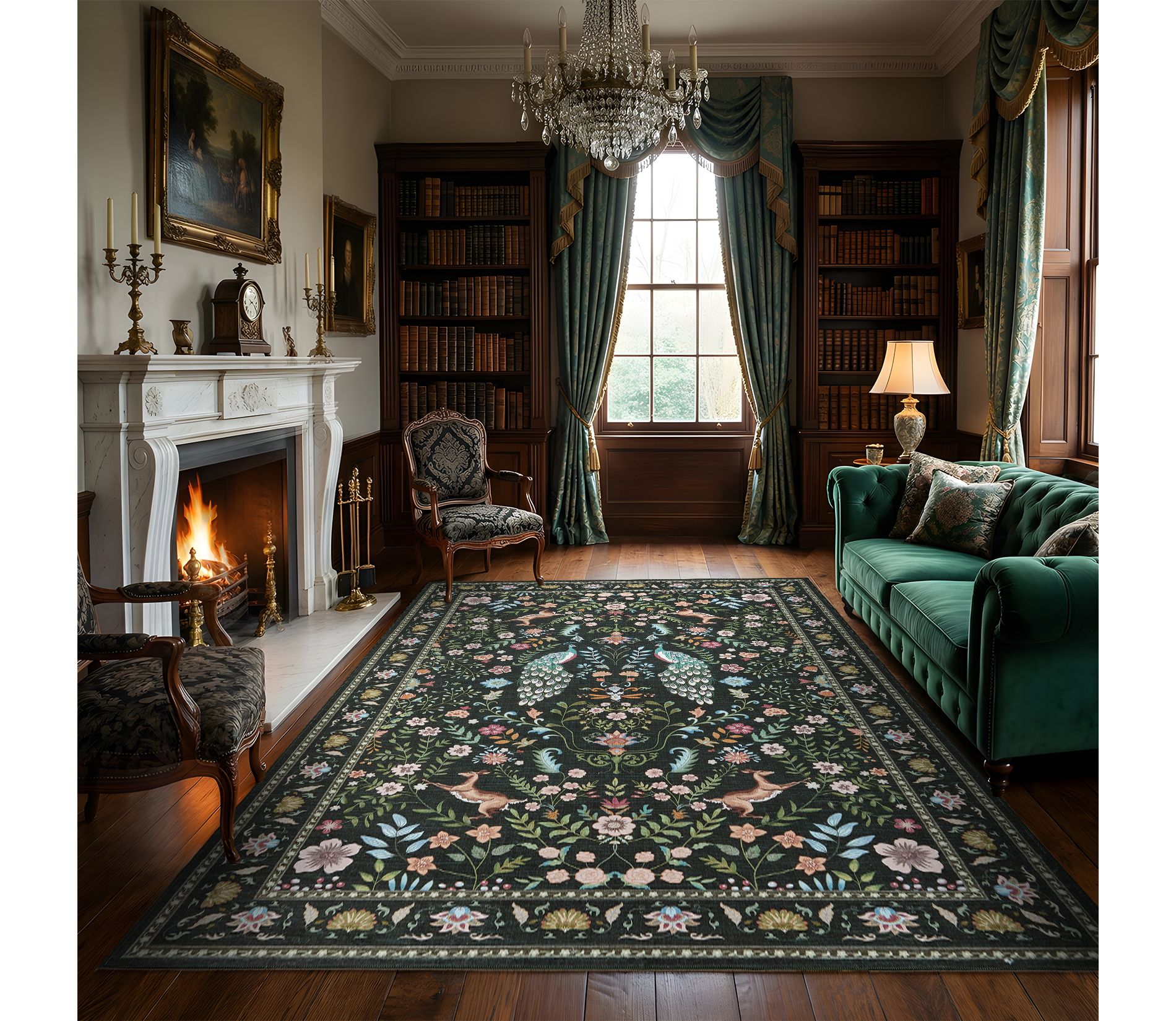 5'x7' Peacock Farmhouse Washable Non Slip Area Rug for Living Room Bedroom Dining Room, Stain Resistant Non-Shed Indoor Carpet