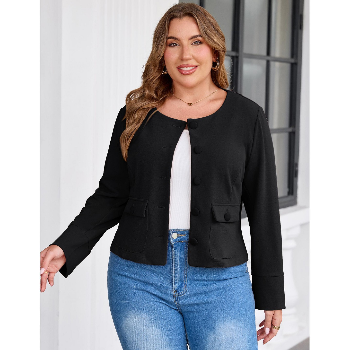 Женская куртка YesFashion Women Plus Size Cropped Jacket Round Neck Button Down Long Sleeve Cuffed Outerwear with Flap Pockets, BLACK,5X, цвет: Чёрный — фото 2