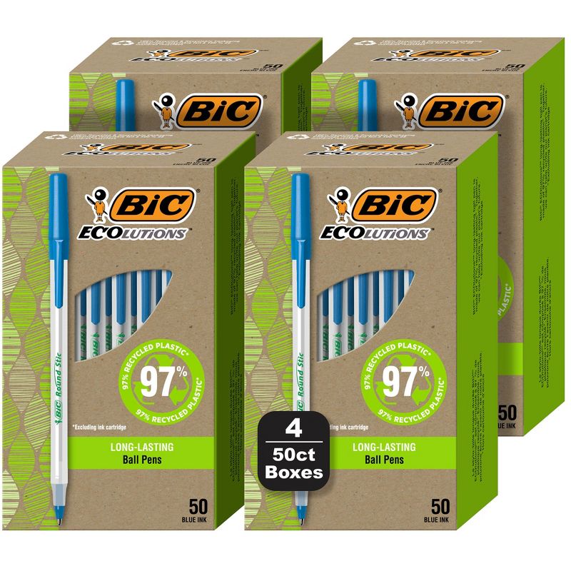 BIC Ecolutions Round Stic Ballpoint Pens, Medium Point (1.0mm), 200-Count Pack,Pens Made from 97% Recycled Plastic, 1 of 5