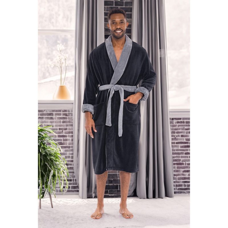 Men's Plush Fleece Robe, Soft Cozy Warm Wrap Around Bathrobe, 3 of 7