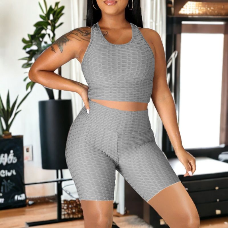 Anna-Kaci Women's Seamless Yoga Workout Set for Stretchy 2 Piece Outfits Raceback Crop Top High Waist Gym Shorts- Large ,Grey, 3 of 5