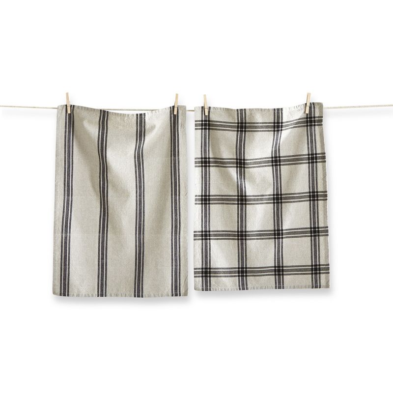 TAG Set of 2 Black Stone Wide Stripe and Check on Beige Background Cotton   Kitchen Dishtowels 26L x 18W in., 1 of 4