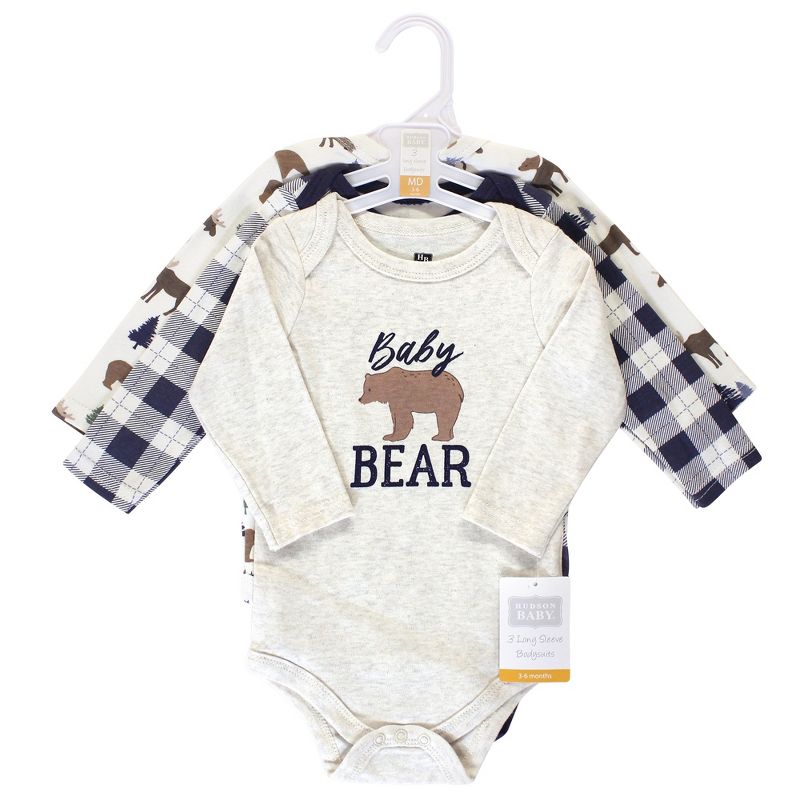 Hudson Baby Infant Boy Cotton Long-Sleeve Bodysuits 3pk, Moose Bear, 3 of 4