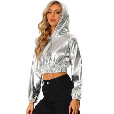 Allegra K Women's Crop Top Hoodies Holographic Shiny Metallic Sweatshirts  Medium Blue 