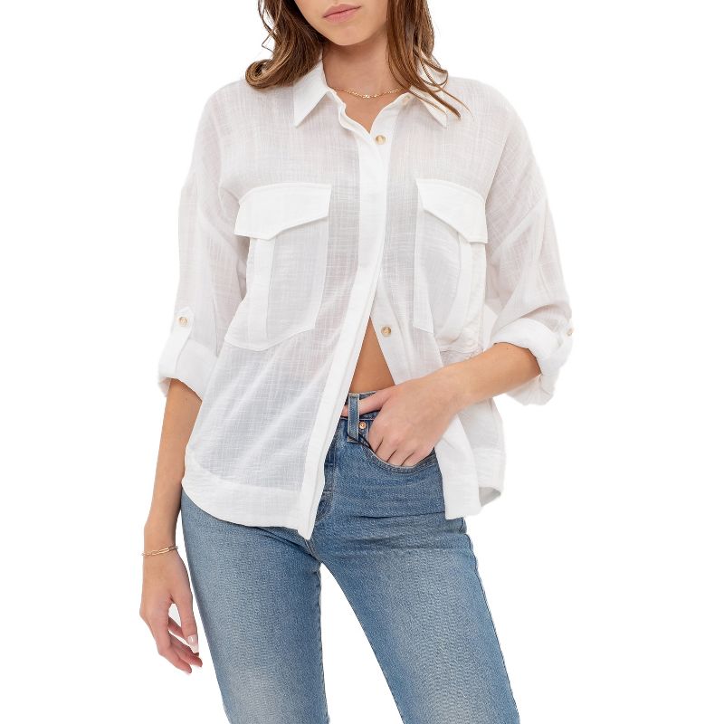 August Sky Women's Flap Pocket Front Button Up Top, 1 of 7