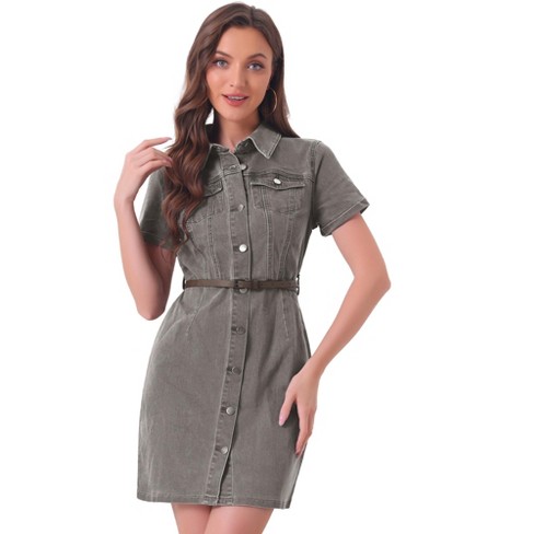 Allegra K Women s Collar Roll Up Short Sleeve Belted Button up Denim Shirt Dresses Grey X large Target