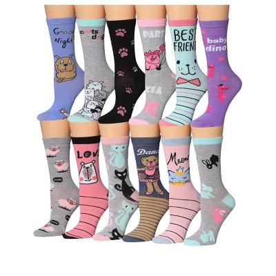 Tipi Toe Women's 12 Pairs Lightweight Colorful Cut Cat Bear Animal Friends Patterned Crew Socks