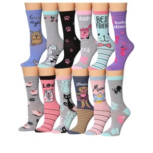 Tipi Toe Women's 12 Pairs Lightweight Colorful Cut Cat Bear Animal Friends Patterned Crew Socks - 1 of 1