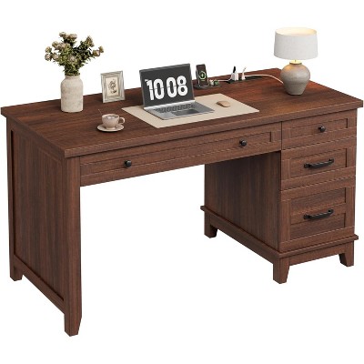 Executive Desk with Drawers, Farmhouse Home Office Desk with Charging Station, 53.54" Wooden Computer Desk with File Cabinet Storage