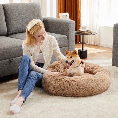Sevobal Pet Beds Anti-Slip Round Fluffy Plush Faux Fur Cat Bed, Pet Bed For Dog Or Cat, Removable Pet Sofa Bed, Brown, 19.2"*19.2"*5.5"