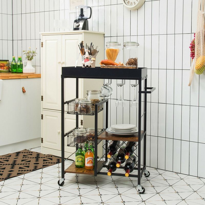 Costway 4-Tier Kitchen Carts  Rolling Serving Trolley Wine Rack Removable Tray Basket, 3 of 11