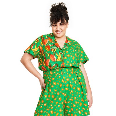 Women's Leopard/Orange Print Button-Down Shirt - Tabitha Brown for Target Green