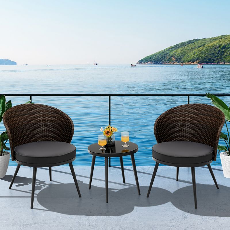 Costway 3PCS Patio Rattan Bistro Furniture Set Cushioned Chair Table Garden, 1 of 10