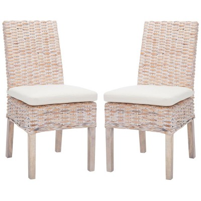 White Upholstered Rattan Side Chair with Natural Wood Legs
