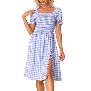 Allegra K Women's Smocked Gingham Square Neck Short Sleeve Casual Plaid Dress - 1 of 4