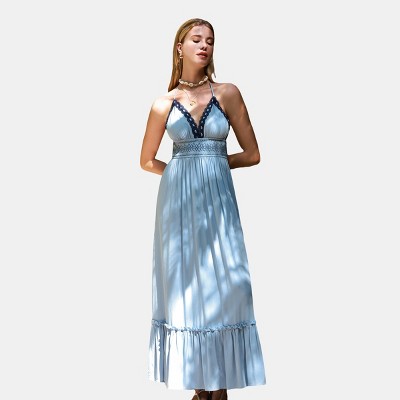 Women's Sky Blue Halterneck Lace Maxi Vacation Wedding Dress - Cupshe