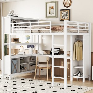 Full/Queen Size Metal Loft Bed with Wardrobe and L-Shaped Desk, Heavy-Duty Loft Bed with Storage Cubes and Shelves, White/Black - ModernLuxe - 1 of 4