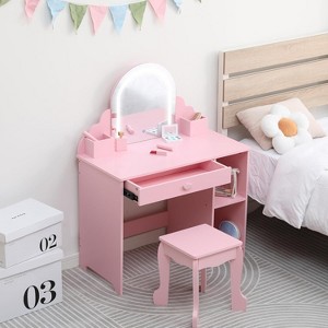 Kids Vanity with Lighted Mirror, 2 In 1 Little Girls Vanity Table & Stool, Kids Makeup with Drawer & Open Shelves for 3-9 Yrs Girls - 1 of 4
