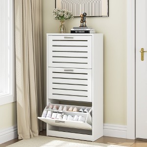 VECELO 3-Shelf Shoe Cabinet Storage for Entryway with 3 Flip Drawers Slim Hidden Free Standing Organizer, White - 1 of 4