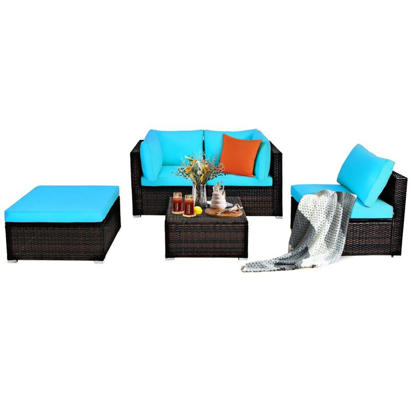 Tangkula 5-Piece Outdoor Patio Sectional Rattan Wicker Conversation Sofa Set with Turquoise/Yellowish Cushions, 1 of 6