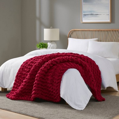 Red Chunky Knit Chenille Handmade Throw Blanket
