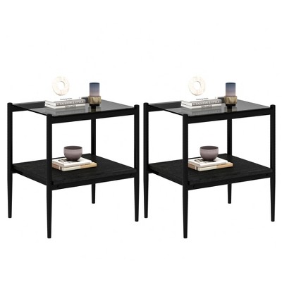 LOVMOR 2-Tier Tempered Glass End Table Set of 2, Rectangle Coffee Tabletop with MDF Layer, Modern Side Table for Living Room