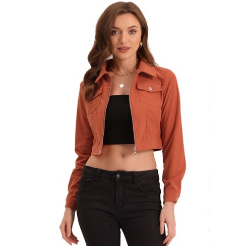 Allegra K Women's Stand Collar Zip Up Faux Suede Cropped Jacket : Target