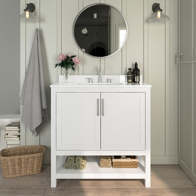 Emma and Oliver Bathroom Vanity, Single Sink Cabinet with 2 Soft Close Doors and Open Shelf, Carrara Marble Finish Countertop