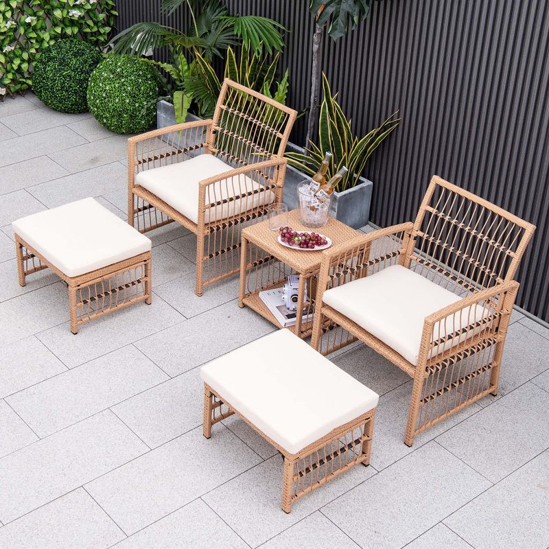 Costway 5 Piece Patio Rattan Wicker Conversation Set with 2-Tier Coffee Table & 2 Ottomans, 4 of 11