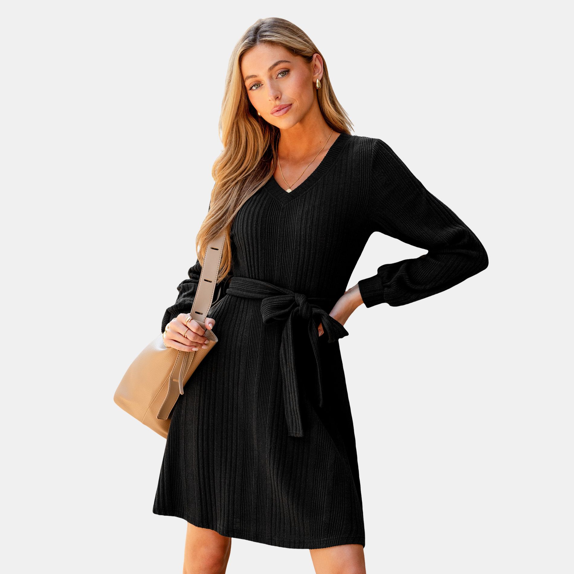 Women's Chic Ribbed Knit Tie-Waist Sweater Dress - Cupshe-L-Black