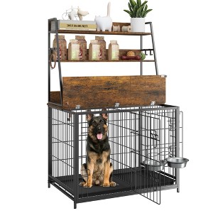 Whizmax Wooden Dog Crate Furniture with Storage Shelves, Dog Kennel Indoor with Removable Tray, Double Doors Modern Dog Crate, Dog House with Two Adjustable Stainless Steel Bowls, End Table Dog Crate, - 1 of 4
