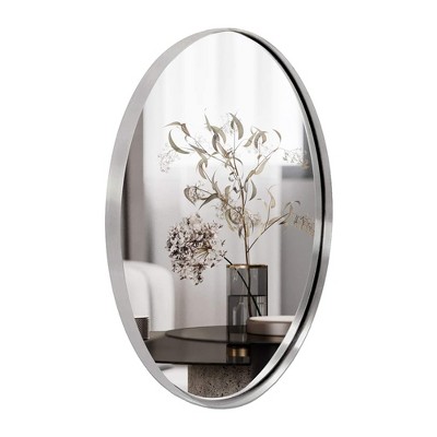 ANDY STAR Modern Decorative 24 x 36 Inch Oval Wall Mounted Hanging Bathroom Vanity Mirror with Stainless Steel Metal Frame, Brushed Silver