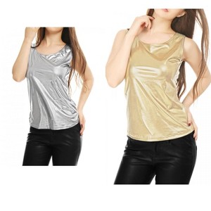 Allegra K Women's U-Neck Stretchy Slim Fit Shiny Sparkly Metallic Tank Top 2 Packs - 1 of 4