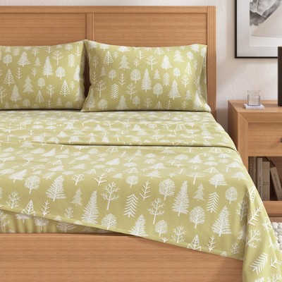 Twin Sage and Red Cotton Flannel Sheet Set