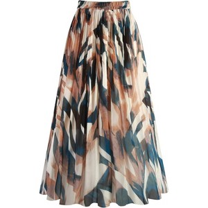 Women's Chiffon Pleated Midi Skirt - A-Line Skirt with Elastic Waist for Elegant Style Blue Leaves Leaves - 1 of 4