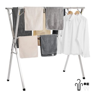 2-Tier Extendable Stainless Steel Clothes Drying Rack with Telescopic Arms, Windproof Holes, and Foldable Portable Design - 1 of 4