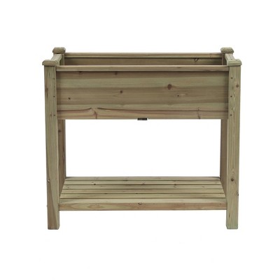 LuxenHome 29.9" H Natural Wood Rectangular Raised Garden Planter with Shelf Brown