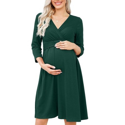 WhizMax Women's Maternity Dress 3/4 Sleeve V Neck Nursing Dresses Casual A Line Ruffle Party Midi Dress