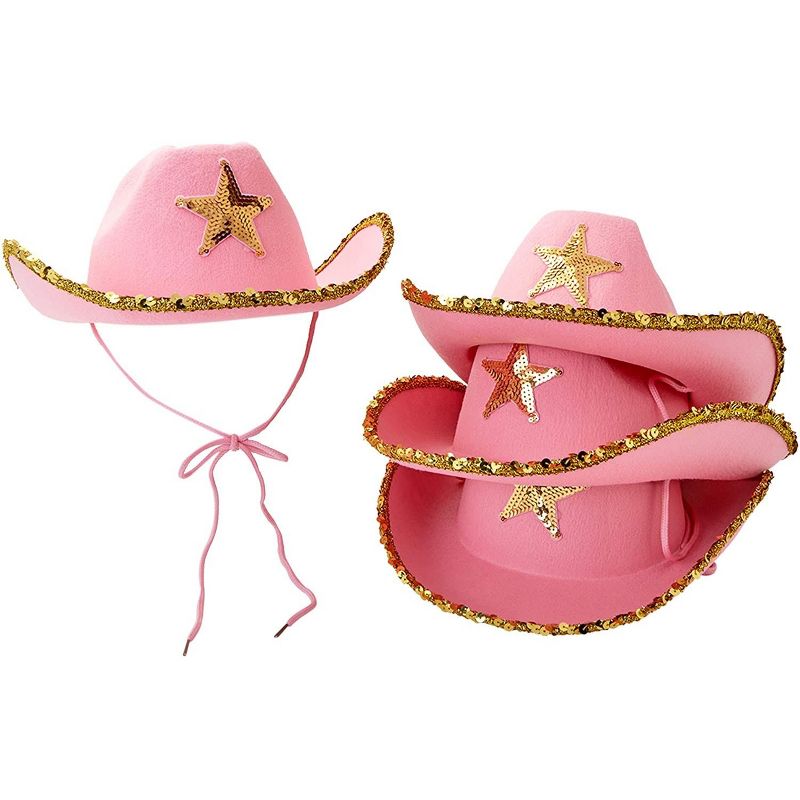 Blue Panda 4 Pack Western Cowboy and Cowgirl Hats for Kids, Pink Sparkly, 14 x 11 x 5 inch, 4 of 8