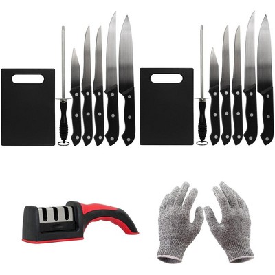 Deco Essentials CK6PC Knife Set w/Board (2-Pack) +Safety Gloves +Knife Sharpener
