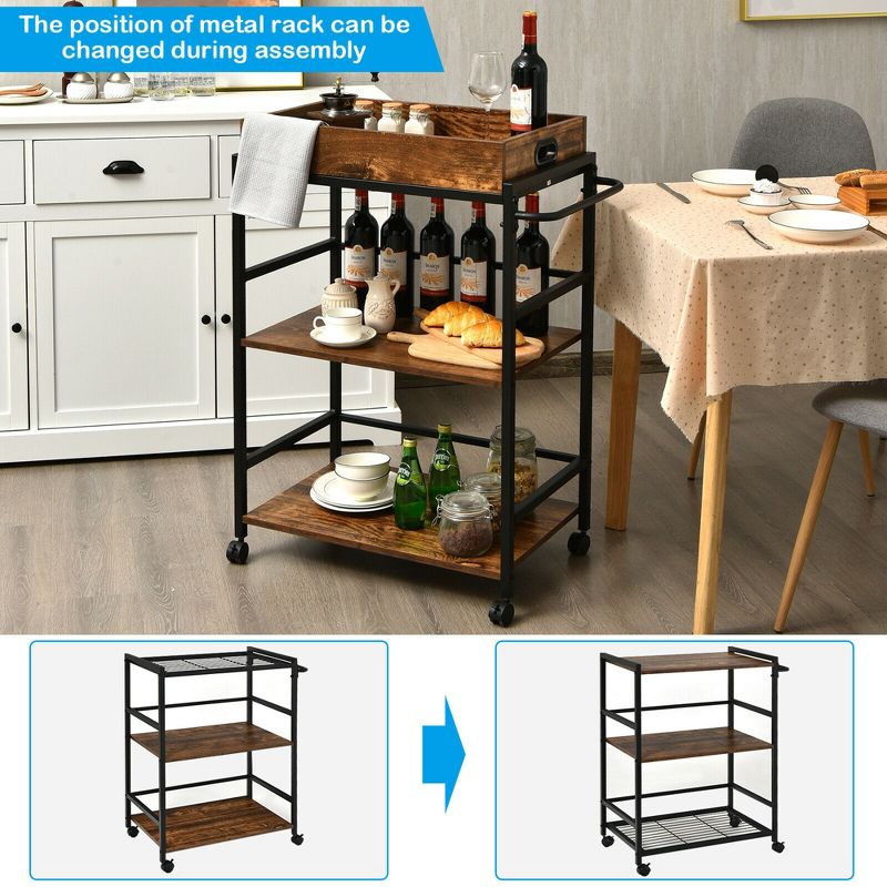 Costway 3-Tier Rolling Bar Cart Kitchen Serving Cart w/ Removable Tray & Handle, 5 of 11