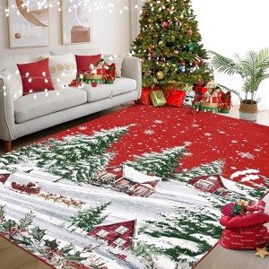 TackView Christmas Area Rug, Red Green Snowflake Tree Rugs Washable Throw Runner Rugs Carpet for for Living Room Kitchen - 1 of 4