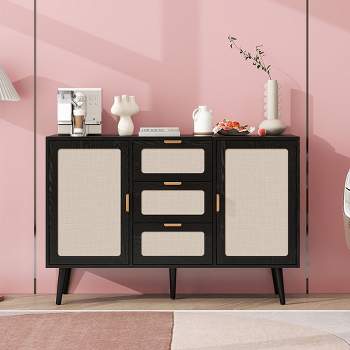 Storage Cabinet With Rattan Doors, Rattan Sideboard Cabinet With 2 Doors 3 Drawers, Freestanding Storage Cabinet For Living Room